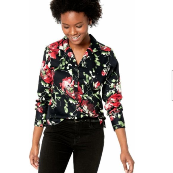 Foxcroft Black Floral Button Down Blouse - Picture 1 of 7